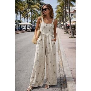 Umgee Smocked Wide Leg Jumpsuit Beige Embroidered  Size M New